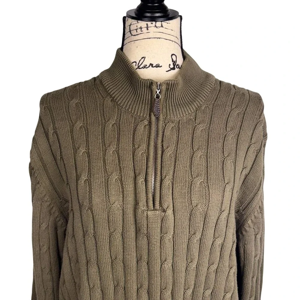 Lyle & Scott Scotland Cable Knit Sweater Cotton Quarter Zip Sz L Leather Pull